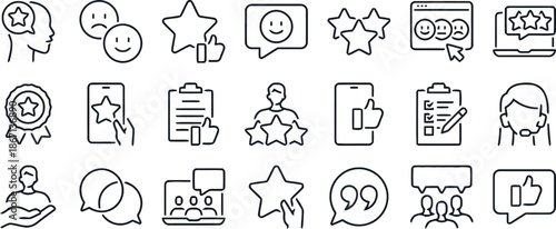 customer, feedback, review, satisfaction, quality, rating, icon, set, positive, experience, rate, service, client, evaluation, loyalty, employee, testimonial, product, recommend, user, survey, level, 