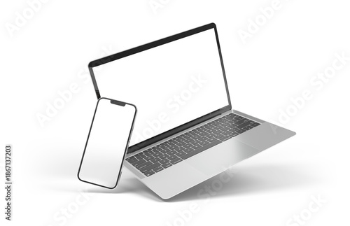 Floating mobile phone and laptop isolated on transparent background 3d rendering