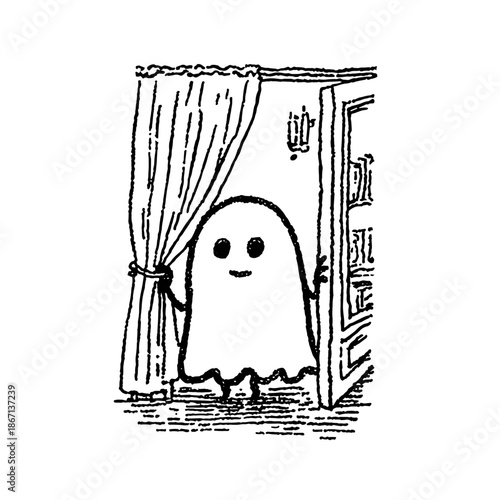 Cute cartoon ghost peeking from behind curtains