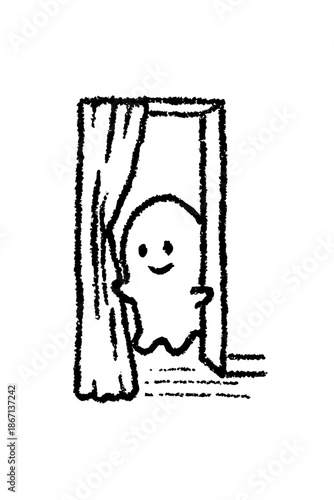 Cute cartoon ghost peeking from behind curtains