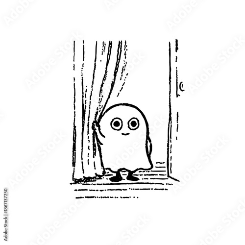 Cute cartoon ghost peeking from behind curtains
