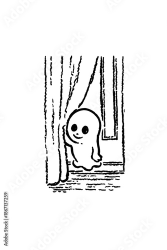 Cute cartoon ghost peeking from behind curtains
