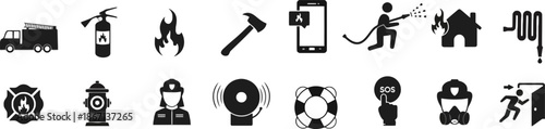 firefighter, fire, equipment, flat design, fire truck, fire extinguisher, flame, hammer, mobile phone, alert, hose, burning house, firefighter symbol, hydrant, fire alarm, lifebuoy, sos button, mask, 