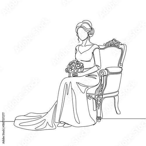 Bride sits gracefully on vintage chair, holding bouquet with flowing gown draping elegantly. The poised bride exudes serenity, sophistication, wedding day poise