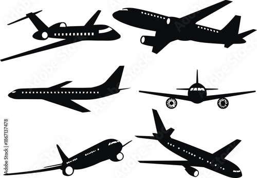 airplane, silhouette, aircraft, aviation, transportation, plane, jet, flying, flight, travel, tourism, side view, front view, black, transparent, model, perspective, aeroplane, airliner, commercial, p