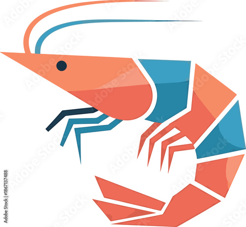 Geometric Shrimp Illustration with Bold Colors and Sharp Angles.