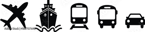 transportation, vector, set, illustration, aircraft, ship, train, bus, car, travel, icons, aviation, maritime, rail, road, transport, vehicle, mode, plane, airplane, boat, vessel, locomotive, automobi