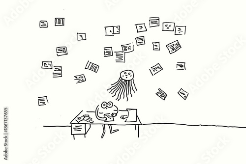Whimsical Illustration of a Frog Managing Chaos in an Office