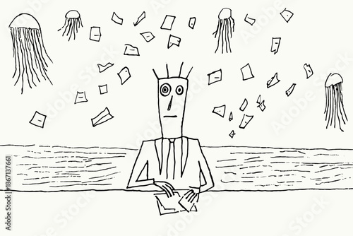 Whimsical Illustration of a Frog Managing Chaos in an Office