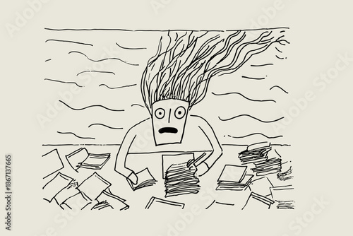 Whimsical Illustration of a Frog Managing Chaos in an Office