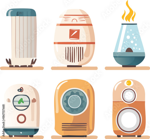 Six various home appliances, including heaters and humidifiers, in a flat design style.