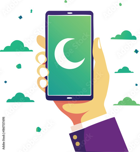 A vibrant illustration of a hand holding a smartphone displaying a white crescent moon on a green screen, surrounded by clouds.