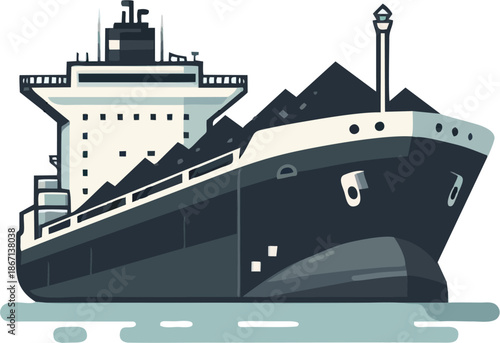 Flat Cartoon Coal Bulk Carrier Ship with Loaded Black Coal Cargo on Deck, Dark Hull White Superstructure Mast Light Gray Sea Background Vector Illustration