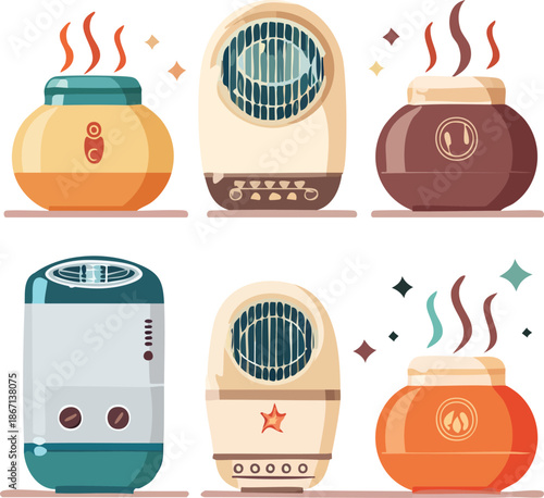 Collection of various household air treatment devices including humidifiers, diffusers, and portable heaters in a flat design style.