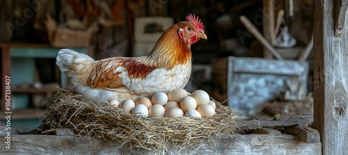 Hen Resting Comfortably on Nest Full of Beautiful Eggs in a Peaceful Farm Coop Setting © Ilja