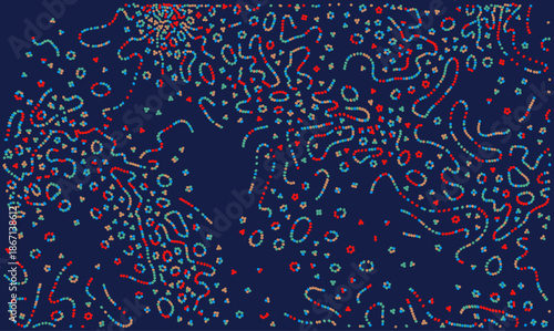 Abstract scientific vector background with colorful molecular chains and atomic particles. Futuristic biotechnology banner illustrating microbiology research, genetic engineering and medical data.