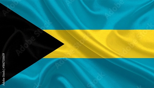 Bahamas flag with aquamarine, gold stripes and black triangle.