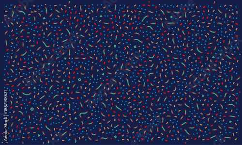 Abstract scientific vector background featuring molecular structures and atomic particles for biotechnology or nanotechnology concepts using colorful chaotic dots on dark blue area.