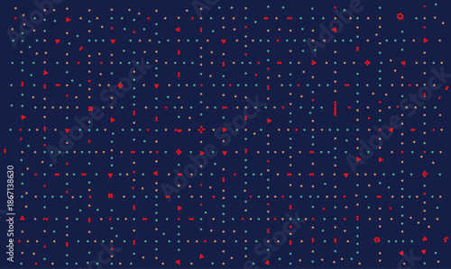 Abstract vector medical background with genomic microarray grid showing DNA sequencing data analysis or bacterial screening test with red markers on dark blue layout.