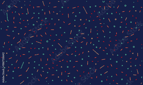 Abstract vector background illustrating microbiology concepts with colorful molecular particles. Scientific biotechnology pattern featuring atoms and viruses scattered on a dark blue surface.