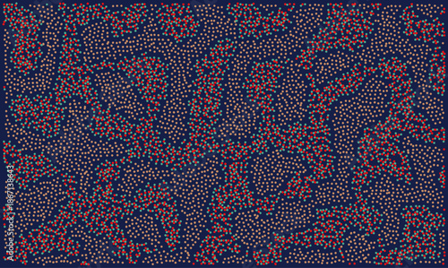 Abstract vector background with scattered red and beige dots on dark blue resembling microbiological cells or digital noise. Chaotic texture design for science, biotechnology and data visualization.