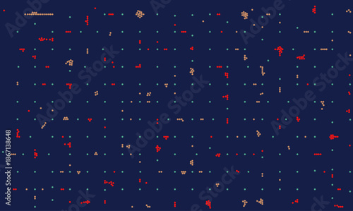 Abstract technological vector background featuring a grid of red and beige data points on dark blue. Digital visualization of big data analysis, genetic sequencing map, or futuristic pixel texture.