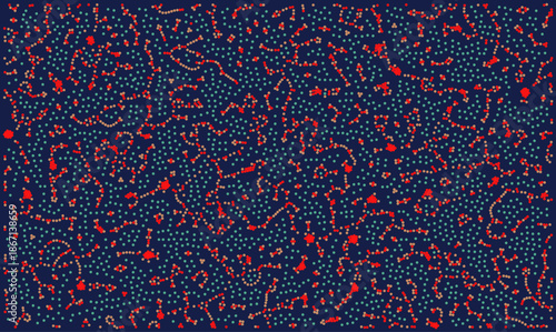 Abstract vector background featuring chaotic particle distribution resembling molecular structures or biological cells. Medical and scientific texture for biotechnology concepts.