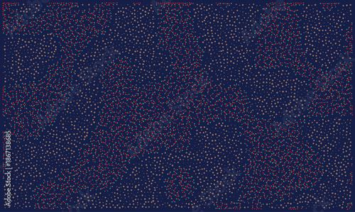 Abstract vector technology background with chaotic red and beige particles on dark blue. Digital noise texture for science data visualization or futuristic graphic design.