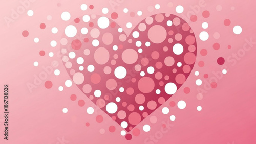 A large pink heart made of various sized white and pink circles on a pink background with scattered circles around it with valentine with love