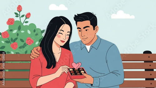 A man giving a woman a chocolate gift box with a heart on top while sitting on a park bench with romantic and couple and love with valentine