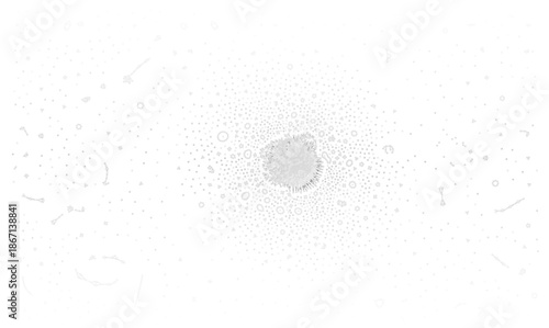 Abstract vector illustration of microscopic cell structure with scattered gray dots and organic elements on white. Scientific microbiology concept representing virus or bacterial organism for medical
