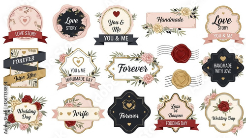 Collection of vintage floral wedding labels with love story and handmade text on white background with vintage labels and floral with forever