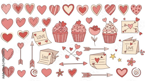 Valentine's day themed vector graphics with hearts cupcakes love letters and arrows on white background for romantic designs with greeting