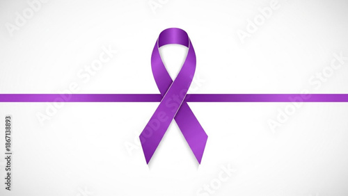 Purple awareness ribbon symbol on white background with horizontal purple stripe with purple ribbon and support and cause and charity with icon