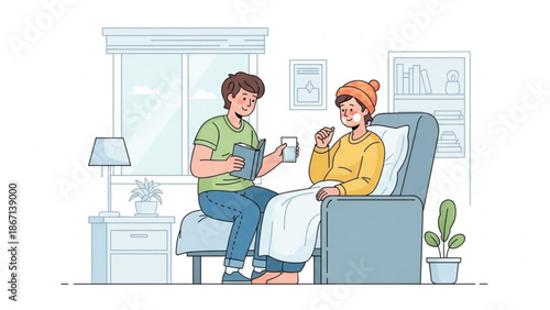 A man sitting on a bedside chair talks to a sick woman sitting in a bed while holding a tablet and a mug in a cozy bedroom with man with care