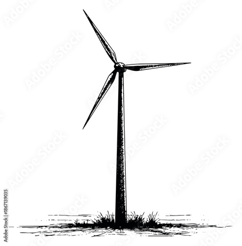 Hand drawn line art illustration of a wind turbine depicting a renewable energy source for environmental themes