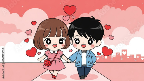 A cute cartoon couple holding hands walking on a pink path with hearts and clouds in the background on a lovely romantic day with valentine