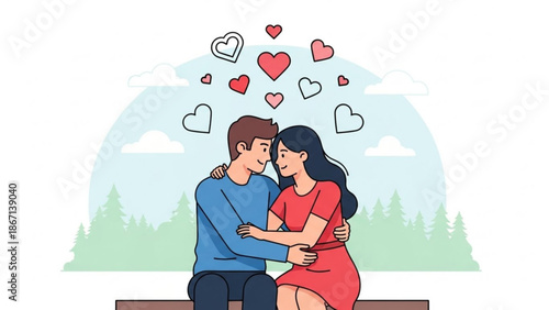 A cartoon illustration of a loving couple sitting on a bench with hearts floating above them in a serene natural setting with trees with love
