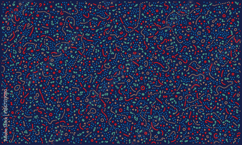 Vibrant vector seamless abstract pattern with scattered colorful dots and lines in red, blue, and beige on a dark blue background. Ideal for textiles, wrapping paper, and festive design.