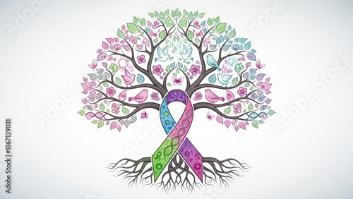 A colorful tree with a ribbon wrapped around its trunk symbolizing hope and awareness on a white background with roots and branches with support