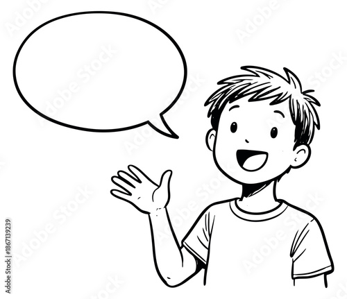 Hand drawn line art illustration of a happy boy with a speech bubble depicting communication for children's content