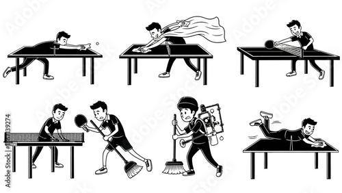 Table tennis player silhouettes set: six black and white vector illustrations depicting diverse ping pong actions, perfect for sports designs and quirky concepts