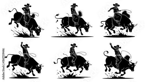 rodeo action set, cowboy riding bucking bull with lasso in dynamic poses, western sport illustration, extreme rodeo competition, wild west adventure and rodeo performance art