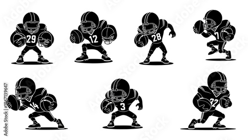 american football player set, athlete in uniform with helmet and ball in ready stance, sports action illustration, competitive game play, professional athlete and team sport art
