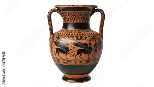 Ancient greek vase with warrior scene isolated on transparent background