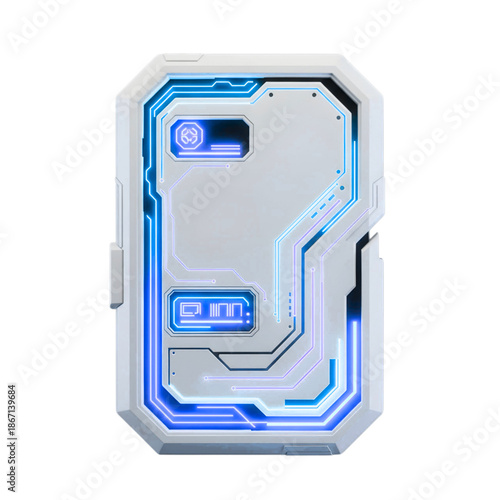 3D futuristic UI control panel tile, clean geometry, neon accent lines, smooth plastic material, isolated object, pure white background, no shadow, no reflections, PNG, f