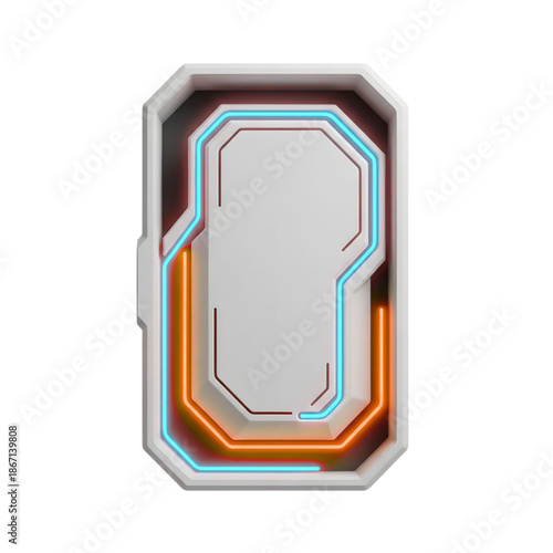3D futuristic UI control panel tile, clean geometry, neon accent lines, smooth plastic material, isolated object, pure white background, no shadow, no reflections, PNG, f
