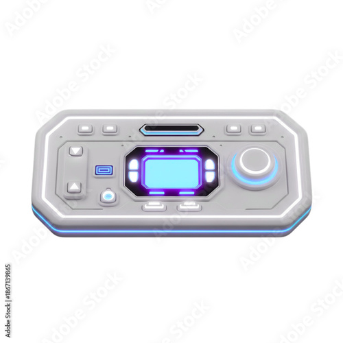 3D futuristic UI control panel tile, clean geometry, neon accent lines, smooth plastic material, isolated object, pure white background, no shadow, no reflections, PNG, f