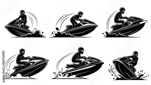 Jet ski riders in dynamic motion, set of six black and white silhouettes, water sport action, various angles and speeds with splash effects