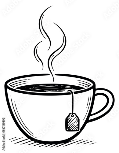 Hand drawn line art illustration of a tea cup depicting a steaming hot beverage with a teabag for cafe menus